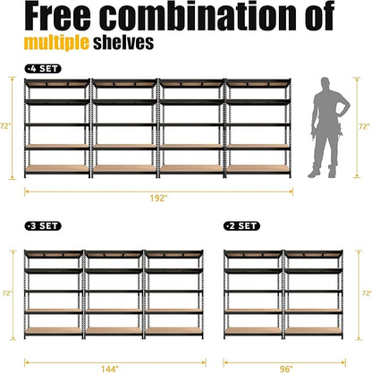 PrimeZone 4 Pack Storage Shelves 48" x 24" x 72", 5 Tier Adjustable Garage Storage Shelving, Heavy Duty Metal Storage Utility Rack Shelf Unit for Warehouse Pantry Closet Kitchen, Black