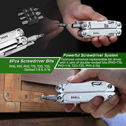 SHALL Multi Tool, 18-in-1 Multitool Pliers, Stainless Steel Multi-tool Pocket Knife w/Screwdriver Bit, Self-locking Multipurpose Tool w/Sheath for Camping Fishing Survival Hunting