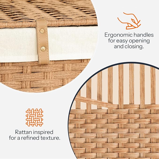 HOOBRO Storage Basket with Lid, 42.3 Gallon (160L) Wicker Basket, Handwoven Blanket Storage Basket with Handles, Metal Frame and Soft Lining, Foldable for Bedroom, Laundry Room, Natural NL216CW01