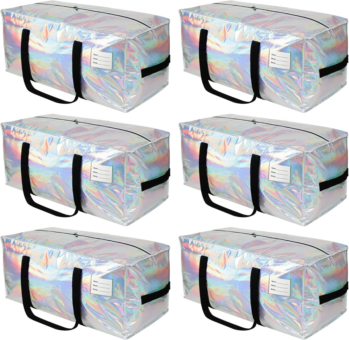 6 Pack Heavy Duty Moving Bags Extra Large Waterproof Foldable Clothing Storage Totes Bags with Zipper,Reinforced Handles,Packing Moving Boxes for Dorm & Seasonal Storage,Iridescent