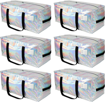 6 Pack Heavy Duty Moving Bags Extra Large Waterproof Foldable Clothing Storage Totes Bags with Zipper,Reinforced Handles,Packing Moving Boxes for Dorm & Seasonal Storage,Iridescent