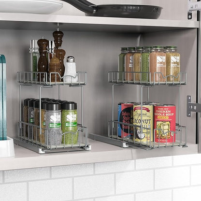 Simple Houseware 2-Tier Spice Rack Slide Out Wire Basket Drawer Organizer, Silver