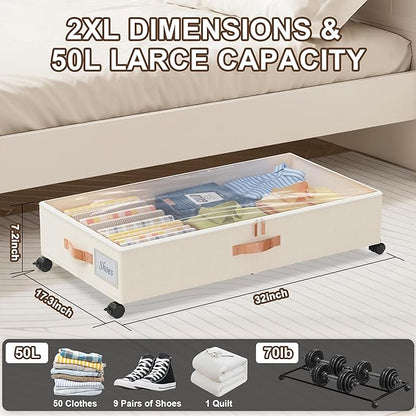 Under Bed Storage with Wheels, 2-Pack Under Bed Storage Containers with Clear Lids, XXL 65L Under the bed storage Organizer Bins, Rolling Under Bed Metal Drawer for Clothes,Shoes,Toys (White, 2-Pack)