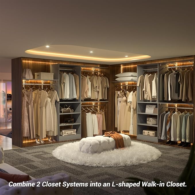 8FT Closet System with Shelves, 96'' Closet Organizer System with 3 Hanging Rods, Wall Mount Bedroom Wardrobe Walk-in Closet, Adjustable Cloth Garment Rack from 5 to 8FT (Cut to Fit), Grey