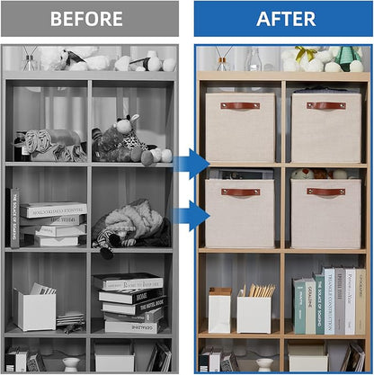 Temary 11x11 Storage Cubes Fabric Storage Cubes Storage Bins with Dual Leather Handles Canvas Storage Boxes for Organizing Home, Shelf, Closet (Beige, 11 x 11 x 11)