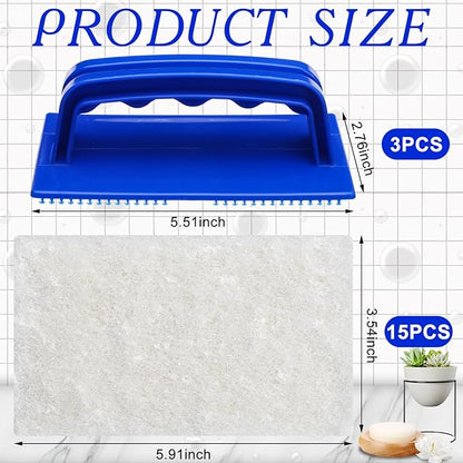 18 Pcs Handled Bath Scrubber Set, 15 Bathroom Scouring Pad 3 Bathtub Scrubber with Handle Non Scratch Soap Scum Remover for Cleaning Sink Shower Tile Swimming Pool Step and Corners(Blue and White)