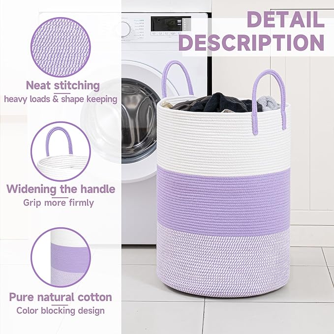 CLHMILY&Z 80L Laundry Basket Round Storage Rope Basket - 16.5x22.5 Inches - Lavender Hamper in Bedreoom and Cute Storage Bin for Blankets, Toys, and Nursery Essentials