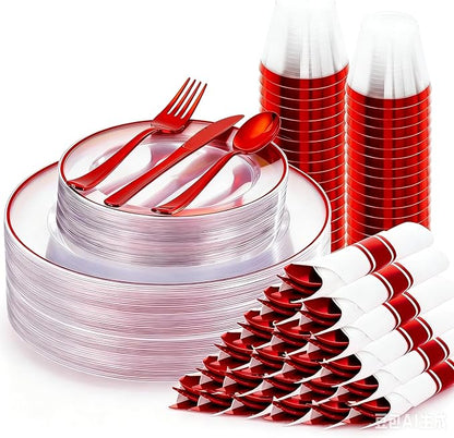 SUT 350 Pcs Red and Clear Plastic Dinnerware Set