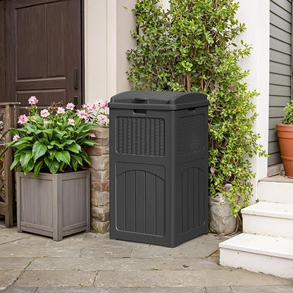 YESHOMY 33 Gallon Resin Outdoor Trash Can with Lid, Hideaway Waterproof Patio Garbage Bin, Gray