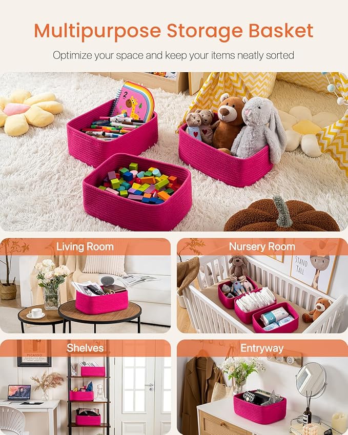 Small Woven Basket, 13.5 x 9.5 x 5 Inches, Storage Basket for Organizing, Cute Small Rope Shelf Closet Cube Storage Bins Baskets for Shelves, Dog Toy Gift Baskets Empty, 3 Packs, Hot Pink