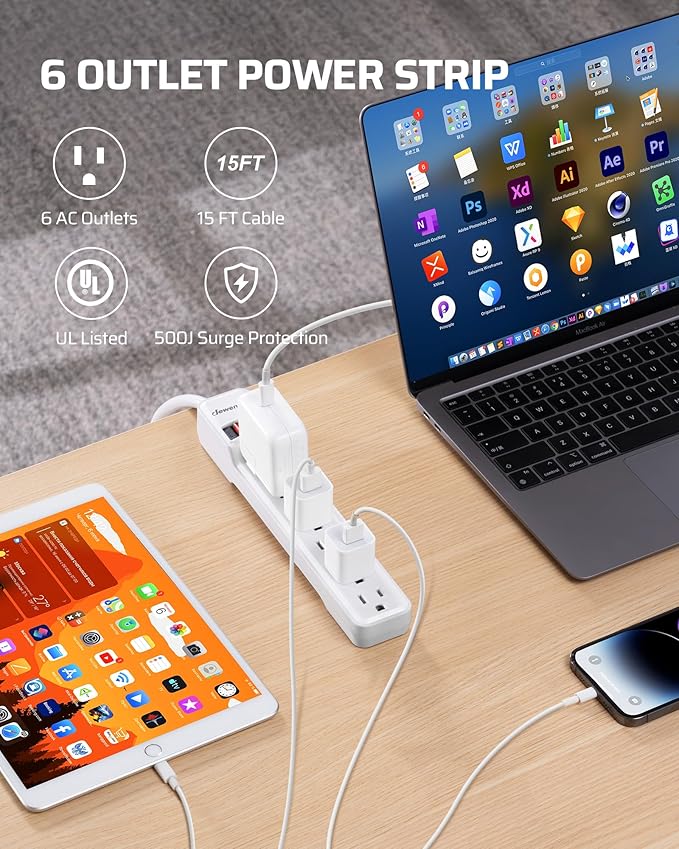 DEWENWILS 6-Outlet Power Strip Surge Protector, 15FT Long Extension Cord, Low Profile Flat Plug, 15 Amp Circuit Breaker, 500 Joules, Wall Mount, White, UL Listed