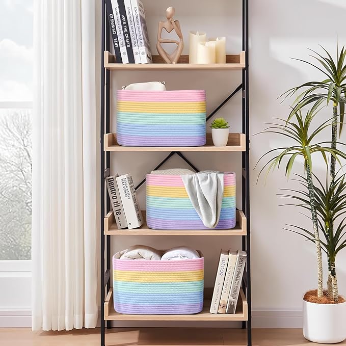 Shelf Baskets for Organizing, Woven Storage Basket for Shelves，Cotton Rope Storage Bins for Toys Books, Nursery Towel Baskets for Classroom, 14.96"X9.8"X8.85", 3-Pack Pastel Rainbow