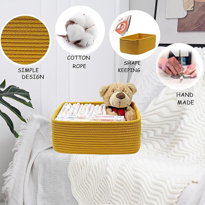 COMFY-HOMI 11.5"x7.5"x4.7" Storage Baskets for Organizing | Cotton Rope Woven Basket | Toy Storage Bin Box | Basket for Shelves, Closet Organizer Bin, Decorative Closet Shelf, 3 Pack, Yellow