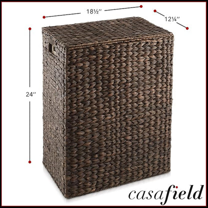 Casafield Large Laundry Hamper with Lid and Removable Liner Bag - Espresso, Woven Water Hyacinth Rectangular Laundry Basket Sorter for Clothes and Towels