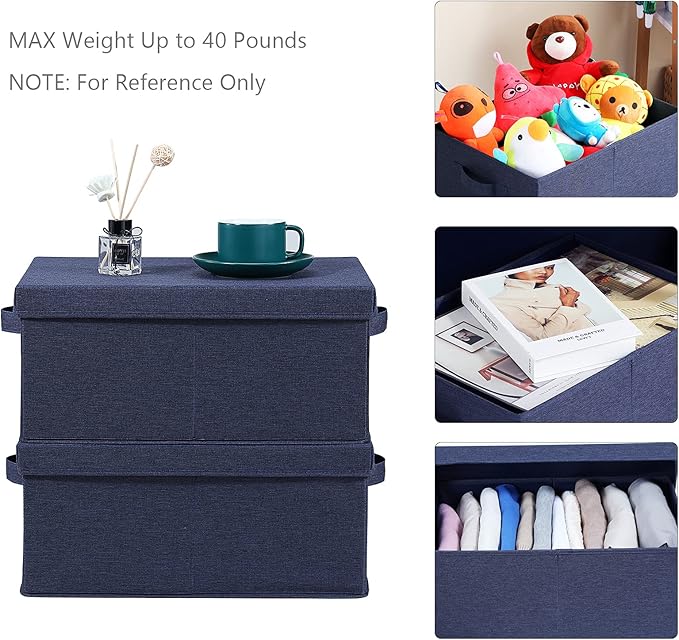 HOONEX Foldable Storage Bins with Lids, Pack of 2, Storage Boxes with 2 Carrying Handles and Heavy Cardboard, 16.5" L x 11.8" W x 7.5" H for Shoes, Clothes, Blue