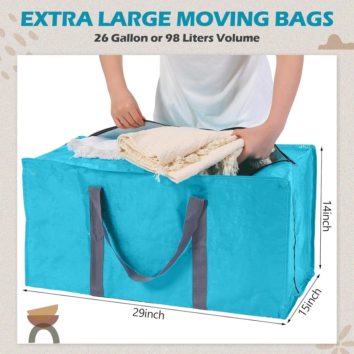 8 Pack Extra Large Moving Bags Heavy Duty Packing Bags with Extra Long Handles and Zippers Storage Totes for College Students Room Dorm Essentials Packing Supplies(Blue)