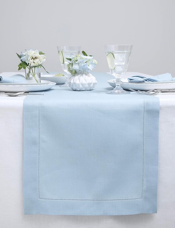 Solino Home Linen Hemstitch Table Runner 108 Inches Long - 100% Pure Linen Sky Blue Table Runner 14 x 108 Inch for Holiday, Christmas, New Year - Classic Hemstitch