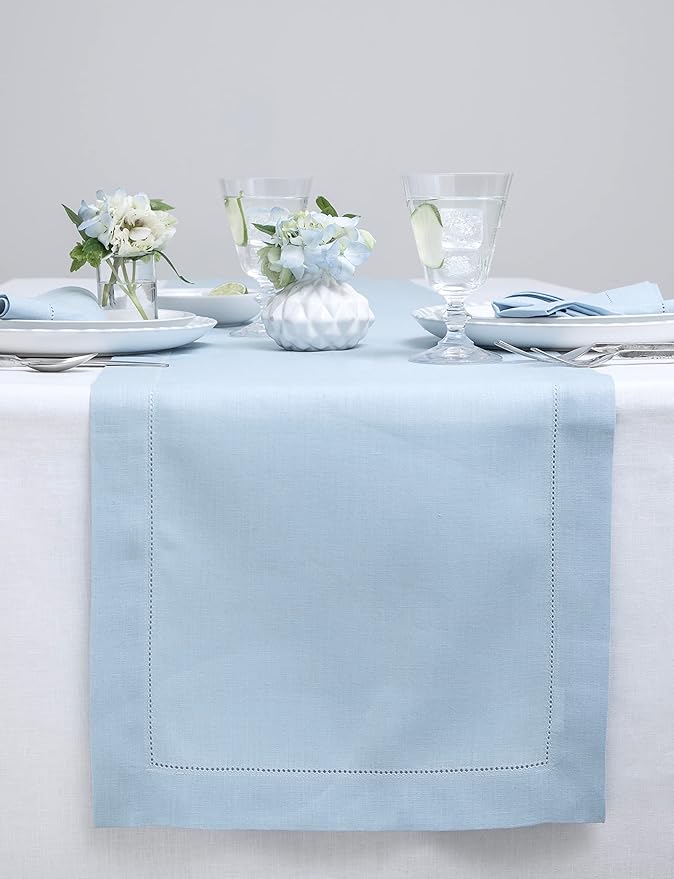 Solino Home Linen Sky Blue Table Runner 132 Inches Long - 100% Pure Linen Extra Long Table Runner 14 x 132 Inch for Christmas, New Year - Classic Hemstitch