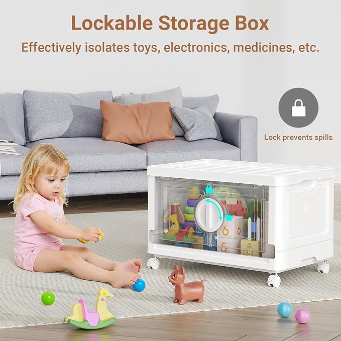 BROVIEW 480Qt Lockable Stackable Storage Bins with Lids, Closet Organizers and Storage Drawer, Collapsible Storage Bin with Wheels, Plastic Cabinet for Toy Clothes Dorm Organizer, V9 4 Pack White
