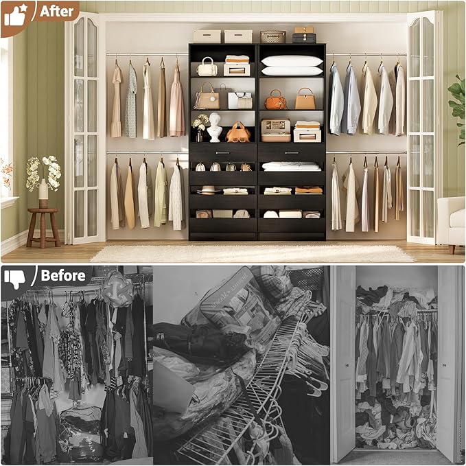 Aheaplus Closet System, 6-15Ft Closet Organizer with 8 Wooden Drawers, Wood Closet Organizer System with Tower, Walk-in Closet Organizer Wardrobe Clothes Rack with 4 Hanging Rods, Garment Rack, 1Black