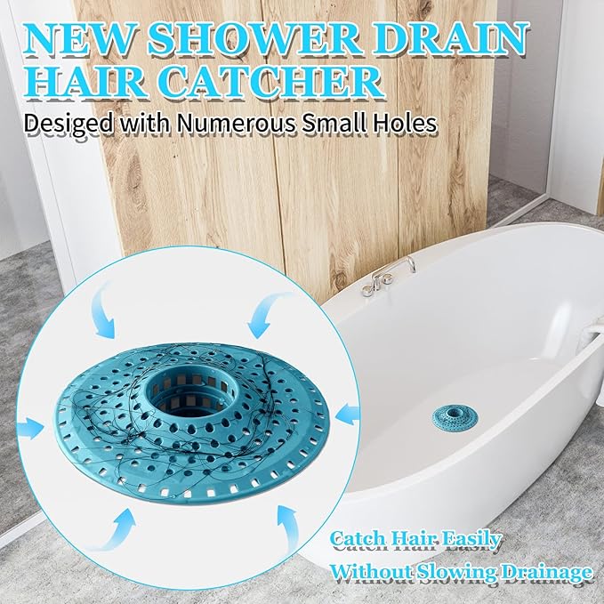Shower Hair Drain Catcher, Silicone Bathtub Drain Hair Catcher Strainer, All-in-one Tub Hair Catcher Drain Protector for 1.48'' to 1.76'' Regular Drains, 3PCS/Light Blue