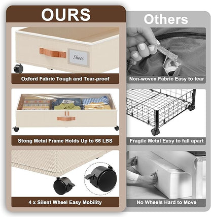 Under Bed Storage with Wheels, 2-Pack Under Bed Storage Containers with Clear Lids, XXL 65L Under the bed storage Organizer Bins, Rolling Under Bed Metal Drawer for Clothes,Shoes,Toys (White, 2-Pack)