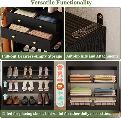 Closet System, Up to 134"/11.2 FT Closet Organizer with 4 Wooden Drawers and Shelves, Walk-in Closet System with 6 Hanging Rods, Built-in Closet Can Fit 96"/8FT, 120"/10FT, Black