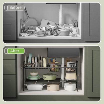 NETEL Adjustable Under Sink Organizers and Storage,Pots and Pans Organizer Under Kitchen Cabinet,Pan Lid Organizers inside Cabinet,Expandable Cabinet Storage Shelf with Pan Rack and 7 Dividers