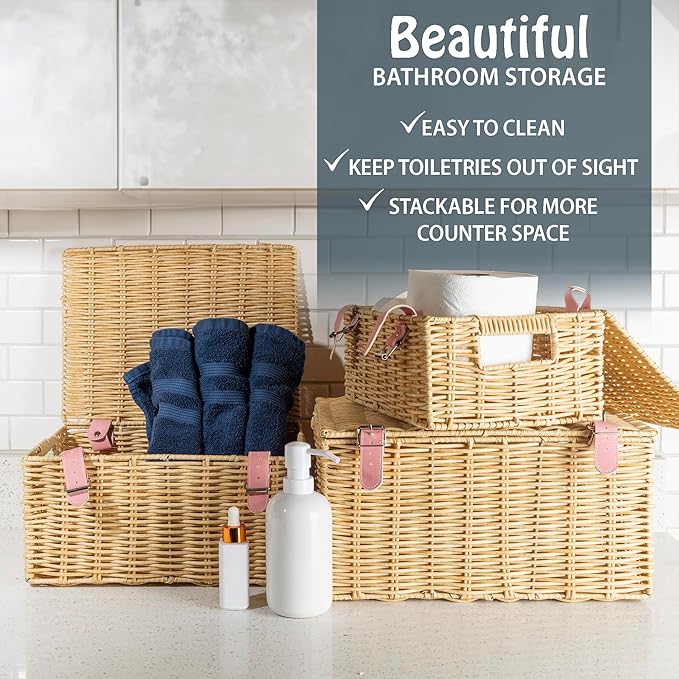 Wicker Storage Baskets with Lids – Set of 3 (Large, Medium, Small) for Organizing Clothes, Toys, Books – Stackable Basket with Lid for Bedroom, Nursery, and Home Decor