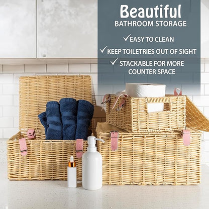 Wicker Storage Baskets with Lids – Set of 3 (Large, Medium, Small) for Organizing Clothes, Toys, Books – Stackable Basket with Lid for Bedroom, Nursery, and Home Decor