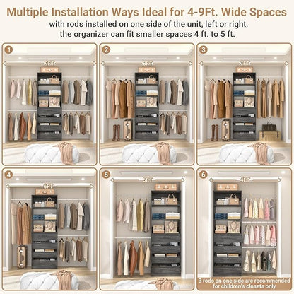 Aheaplus Closet System, 4-9 Ft Closet Organizer with 4 Wooden Drawers, Wood Closet Organizer System with Tower, Walk-in Closet Organizer Wardrobe Clothes Rack with 4 Hanging Rods, Black Oak