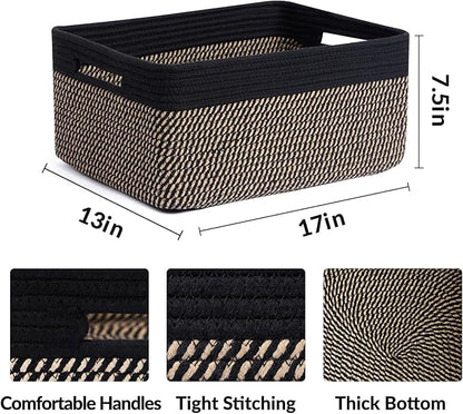 Large Storage Baskets for Shelves, Closet Organizers Bins for Clothes Blanket Towels, Baby Nursery, Toy Baskets Box, Woven Rope Baskets, 17 x 13 x 7.5”, 3 Packs Woven Brown