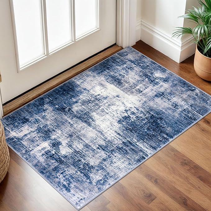 IOHOUZE Small Abstract Area Rug 2x3 Ft Entryway Rugs Washable Door Mat Indoor Entrance, Rubber Backed Throw Rugs, Printed Faux Wool Non Slip Floor Carpet for Foyer Front Door Sink, Navy/Grey