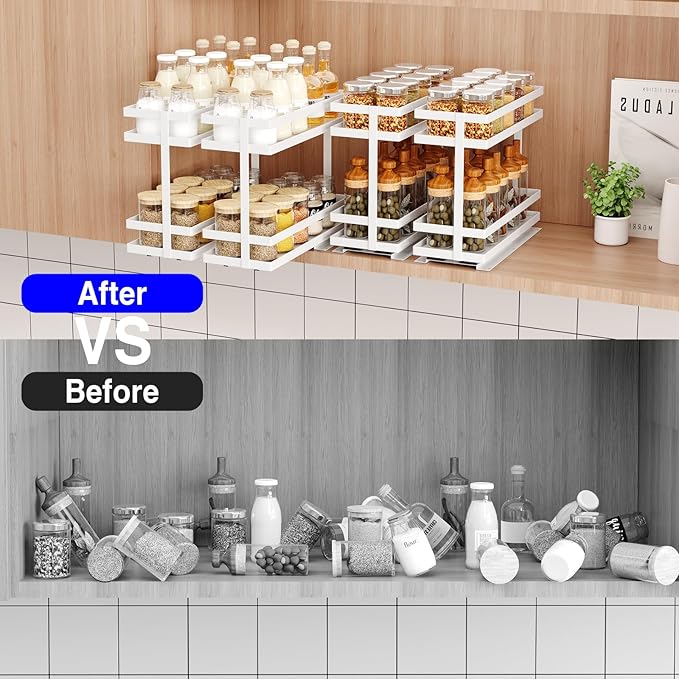 2 Pack Pull Out Spice Rack Organizer for Cabinet, 2 Tier Metal Slide Out Seasoning Organizer and Storage Heavy Duty Vertical Spice Rack Shelf Pullout for Kitchen Cabinets No Drilling (White)