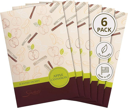 Simplicity Scents Apple Cinnamon Scented Sachets Pack of 6, Fall & Winter - Long-Lasting Scented Bags, Home Fragrance, Air Freshener & Deodorizer for Closet, Room, Drawer, or Cars, Made in USA