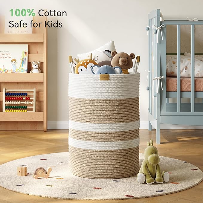 95L Striped Laundry Hamper with Leather Handles,Large Foldable Laundry Basket for Clothes,Cotton Rope Storage Bin for Blankets,Woven Clothes Basket for Bedroom,Beige Stripes