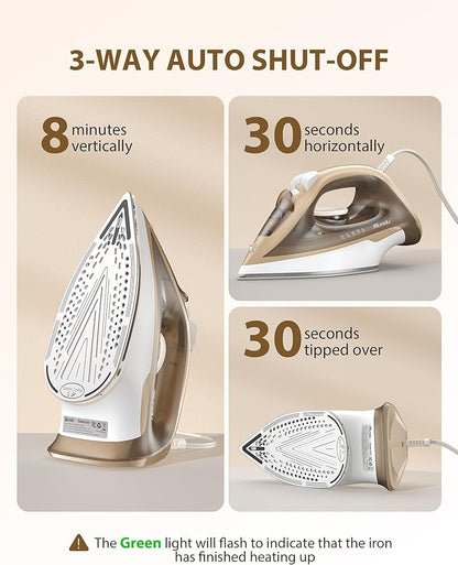 Steam Iron for Clothes Rapid Heating, 1500W Iron with Non-Stick Ceramic Soleplate, Auto-Off, Burst of Steam, 500 Microsteam Holes, Self-Cleaning, 12.31oz Water Tank Ironing Clothes for Home