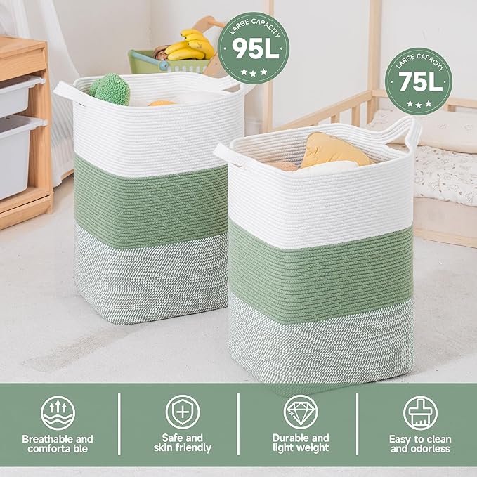 CLHMILY&Z 95L Laundry Basket Rectangular Green Rope - 16x15x24 Inches - Dirty Clothes and Soft Storage Bin for Blankets, Toys, and Nursery Essentials