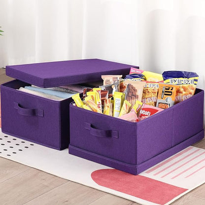 HOONEX Storage Bins with Lids for Organizing, Pack of 2, Storage Boxes with 2 Carry Handles and Sturdy Heavy Cardboard, 16.5" L x 11.8" W x 7.5" H for Shoes, Books, Clothes, Nursery, Dark Purple