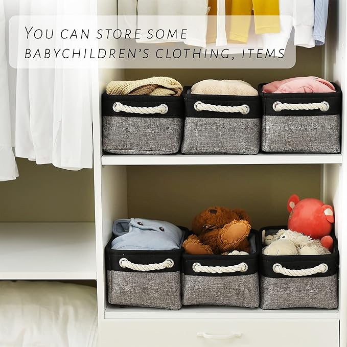 TcaFmac Storage Basket for Shelves - Small 6 Pack Fabric Storage Bins for Organizing, Collapsible Storage Cubes with Handle for Closet Cloth Toy Gift Kids (Black & Grey 11.8 x 7.8 x 5.2 inch)