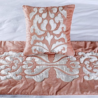 The HomeCentric Decorative Peach & Ivory Twin 53 x 18 inch Bed Runner with 2 Pillow Cover Set, Velvet Applique Bed Scarf, Abstract Modern - Peach Elegance