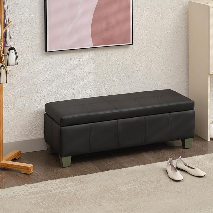 Black Faux Leather Ottoman with Storage, Rectangular Extra Long Storage Bench for Bedroom and Living Room
