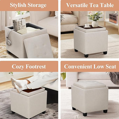 COLAMY Fabric Square Storage Ottoman with Reversible Tray Lid – Multi-Functional Footrest, Hidden Storage, Sturdy & Stylish Small Coffee Table for Living Room, Bedroom, or Entryway(Beige)