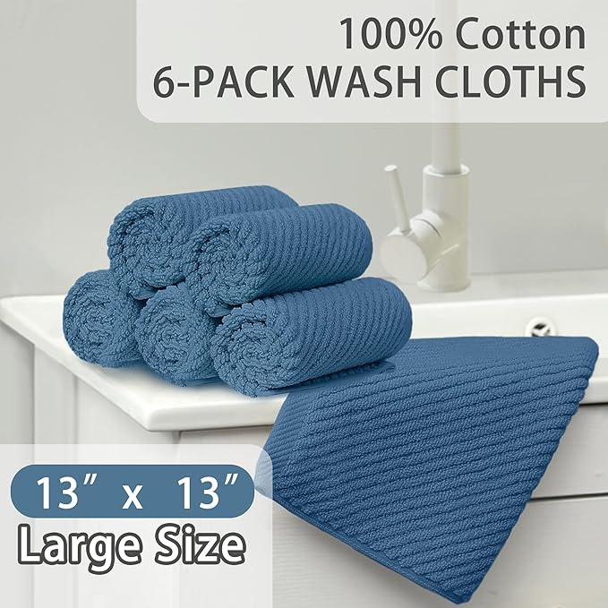 Blue Washcloths 6 Pack, 13"x13" - 100% Cotton | Lightweight | Thick | Quick Dry | Soft | Absorbent, Wash Cloths for Your Face and Body, Hand Towels for Shower, Bathroom Essentials, Denim Blue