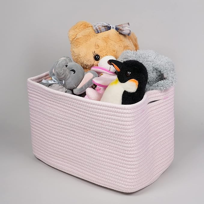 Cotton Rope storage Basket Bins Woven Basket for Organizing Shelves Rectangle Decorative Baskets For storage Clothes Toys Books Towels Square Wicker Nursery basket organizer 3 pack light pink