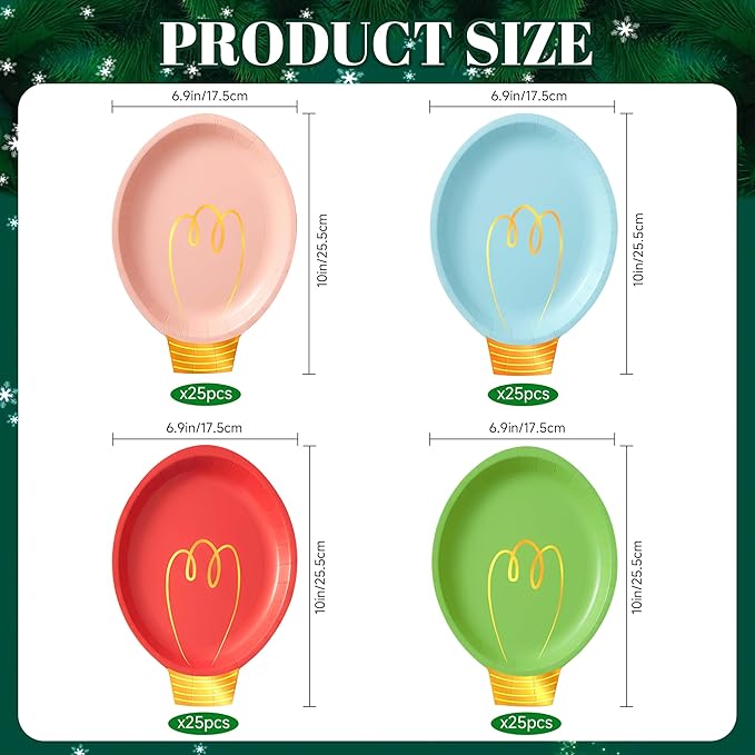 OuMuaMua 100Pcs Christmas Paper Plates Disposable, Heavy Duty Christmas Light Bulb Design Party Supplies Serve 50, Fancy Disposable Dinnerware Set with Gold Foil for Holiday Home Xmas Party Decor