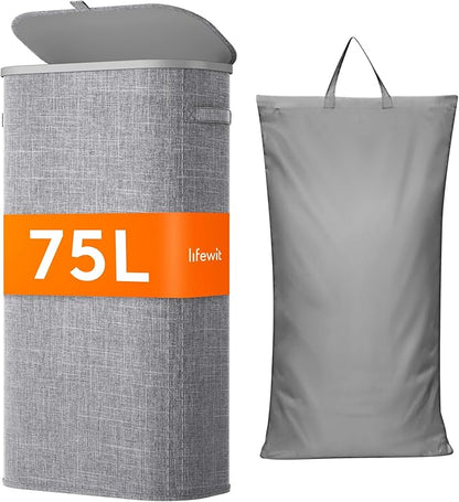 Lifewit 75L Slim Laundry Basket with Lid, Narrow Large Laundry Hamper with Plastic Handles and Removable Bag, Tall Foldable Dirty Clothes Hampers for Laundry Room, Bedroom, Bathroom, Dorm, Gray