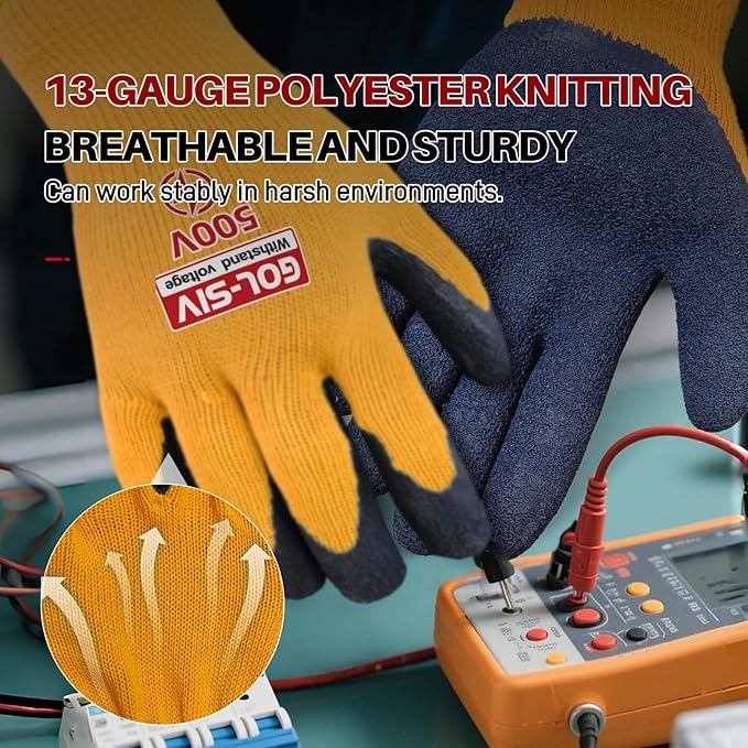 Electrical Insulated Gloves, 500V High Voltage Resistance Electrician Safety Gloves, Rubber Non Slip Work Gloves (500V|Poly-Cotton insulated, Large)
