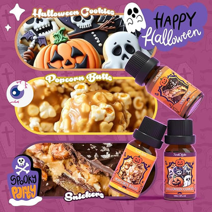 Halloween Fragrance Oils Set, Essential Oil for Diffuser, Diffuser Oil, Use for Soap Candle Making,Caramel Apples, Pumpkin Pie, Candy Corn, Halloween Cookies, Popcorn Balls, Snickers Bars