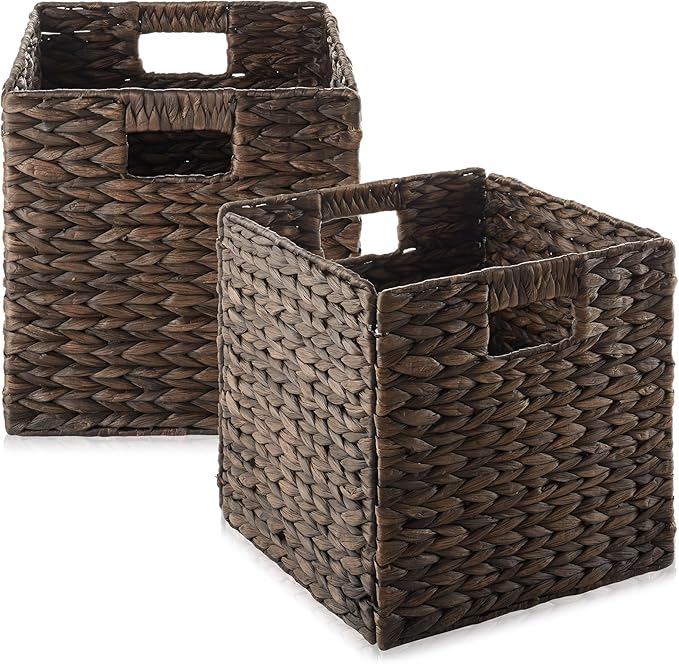 Casafield 10.5" x 10.5" Water Hyacinth Storage Baskets, Espresso - Set of 2 Collapsible Cube Organizers, Woven Bins for Bathroom, Bedroom, Laundry, Pantry, Shelves